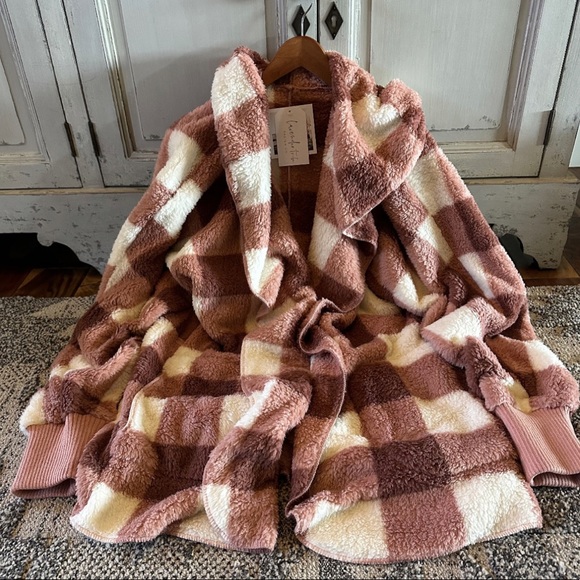 New Cozy Oversized Teddy Hooded Pink Plaid Cardigan Sweater Coat Western  Boho - Picture 4 of 9